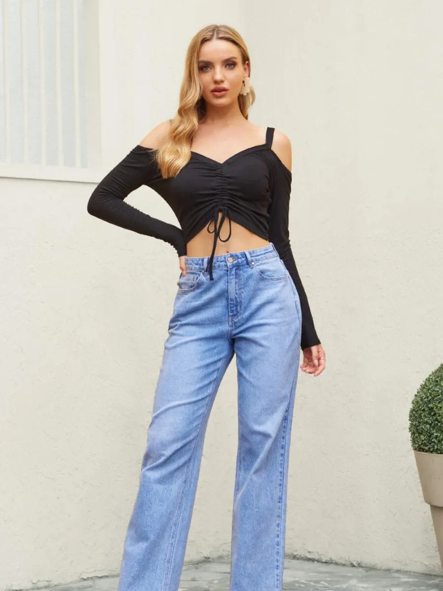 Cut Out Drawstring Ruched Crop Top