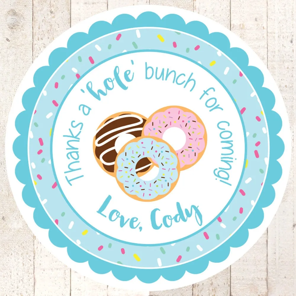 Donut Birthday Stickers, Sprinkle Party, Thank You Stickers, Boy Donut Birthday Decorations, Pajama Party, Sprinkle Baby Shower - Set of 24