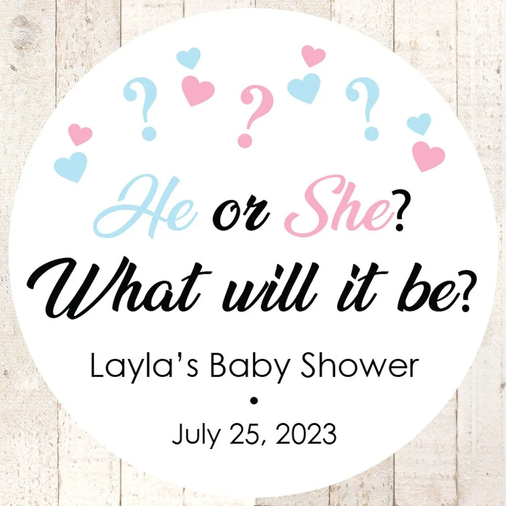 Gender Reveal Baby Shower Favor Stickers, He or She What Will It Be Personalized Stickers Pink & Blue Baby Shower - Set of 24 Stickers