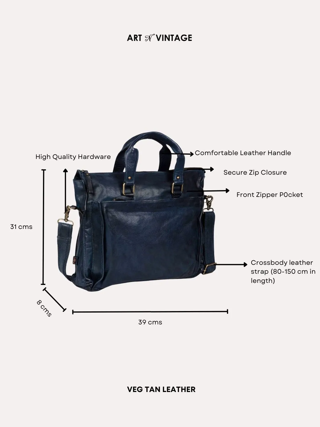 Navy Blue Leather Laptop Bag By Art N Vintage